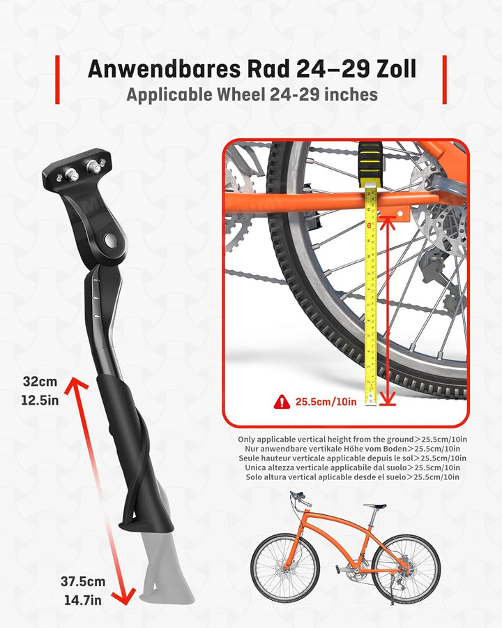 HENMI Fahrradständer 24-29 Zoll, Konzipiert für E-Bike und MTB, Nur geeignet für Kettenstreben mit 4 Löchern, 40 mm Lochabstand Stabil Seitenständer, Max. Belastung 35 kg.