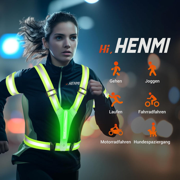 HENMI LED Warnweste mit 2 Reflektorbänder-Grün Fahrrad,Reflektoren Laufweste,Verstellbarer Elastische LED Leuchtweste für Radfahren oder Wandern Joggen Laufen Running