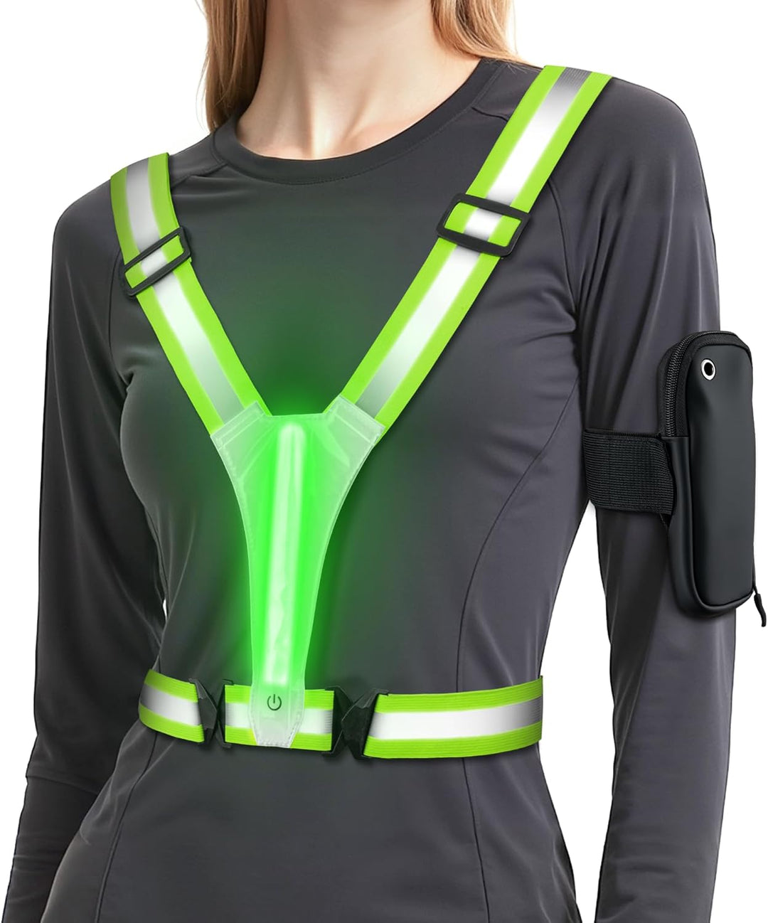 HENMI LED Warnweste Fahrrad Reflektorweste mit Sport Handytasche, USB Aufladbar Reflektoren Laufweste für Damen Herren Radfahren, Wandern, Joggen, Nachtlauf