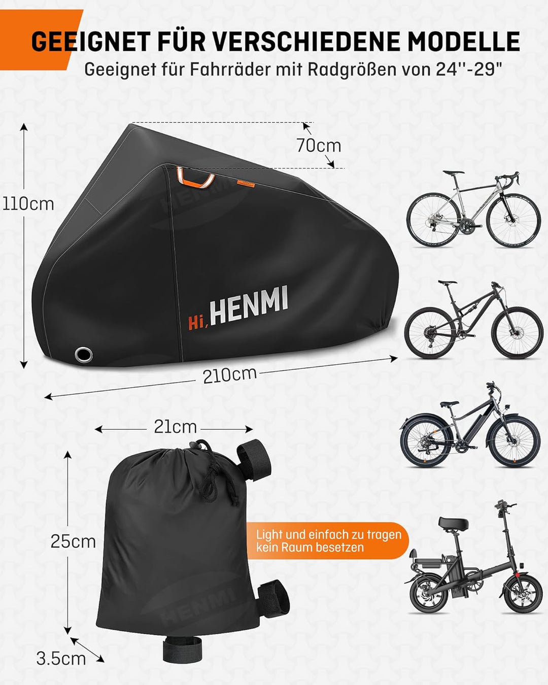 HENMI Fahrradabdeckung Wasserdicht 420D, Fahrradgarage Wetterfest mit Aufbewahrungstasche, UV-Schutz, Reißfest, Schlossösen Fahrradplane für E-bike, Holzpferd, Roller Motorroller (210x110x70 cm)
