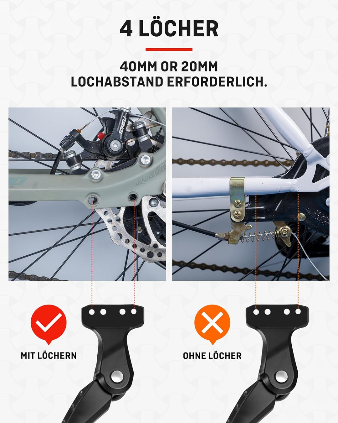 HENMI Fahrradständer 24-29 Zoll, Konzipiert für E-Bike und MTB, Nur geeignet für Kettenstreben mit 4 Löchern, 40 mm Lochabstand Stabil Seitenständer, Max. Belastung 35 kg.