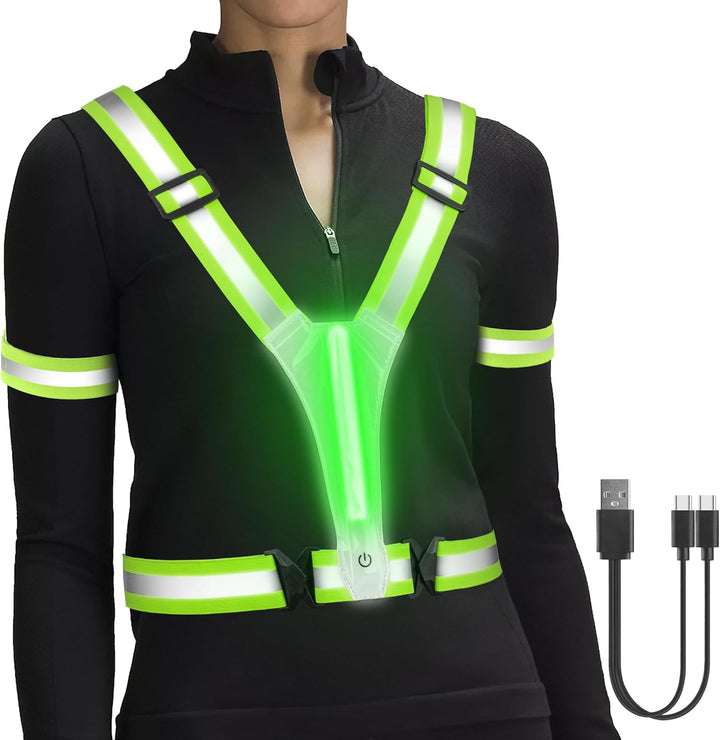 HENMI LED Warnweste mit 2 Reflektorbänder-Grün Fahrrad,Reflektoren Laufweste,Verstellbarer Elastische LED Leuchtweste für Radfahren oder Wandern Joggen Laufen Running