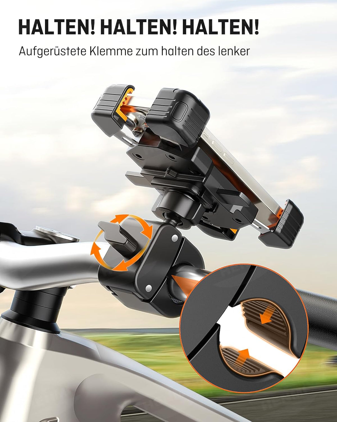 HENMI Universelle Handyhalterung Fahrrad Lenker für Handys 5,5-7,5 Zoll Smartphone, 720° Drehung Handyhalter Fahrrad 1s Auto-Sperre für Handyhalterung Motorrad Fahrrad Ebike Geeignet