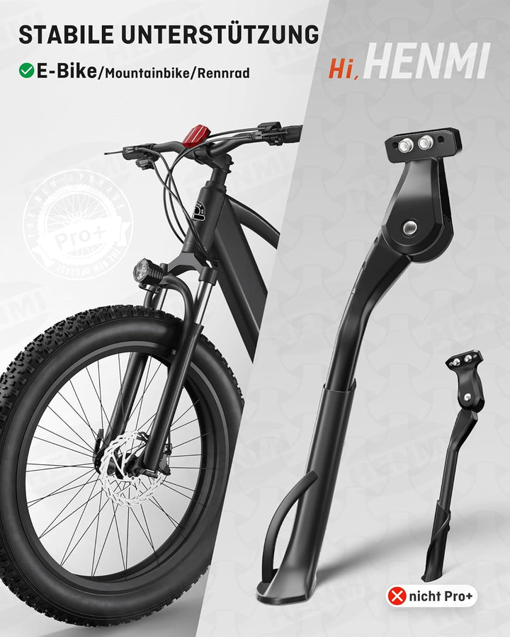 HENMI Fahrradständer 24-29 Zoll Pro+, Fahrradständer mit 4 Löchern, 20mm oder 40mm Lochabstand, M5 Schraube Schraubenöffnung 5mm, Stabil Seitenständer für E-Bike, MTB