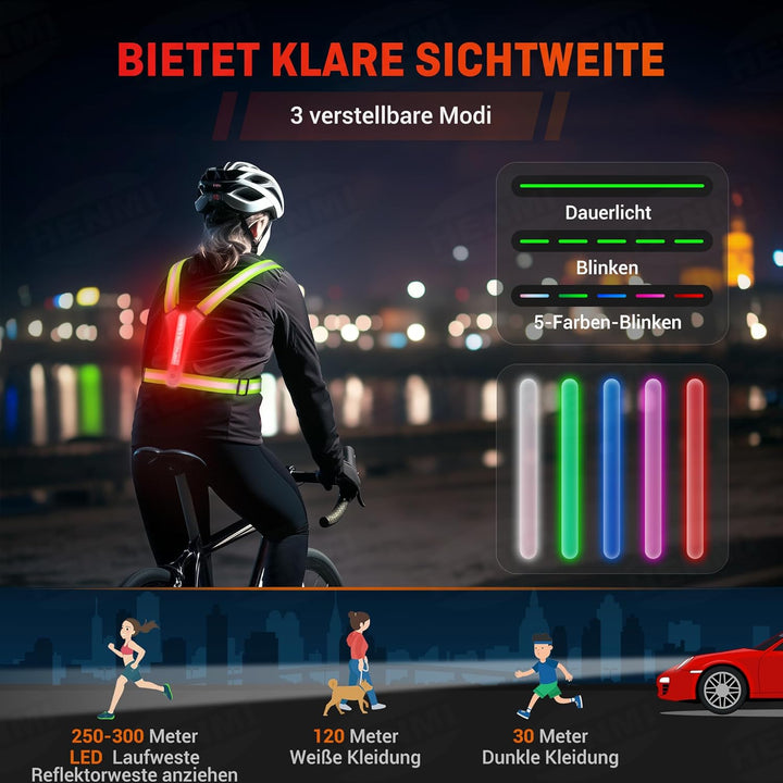 HENMI LED Warnweste Fahrrad,Reflektoren Laufweste,Verstellbarer Elastische LED Leuchtweste für Radfahren oder Wandern Joggen Laufen Running