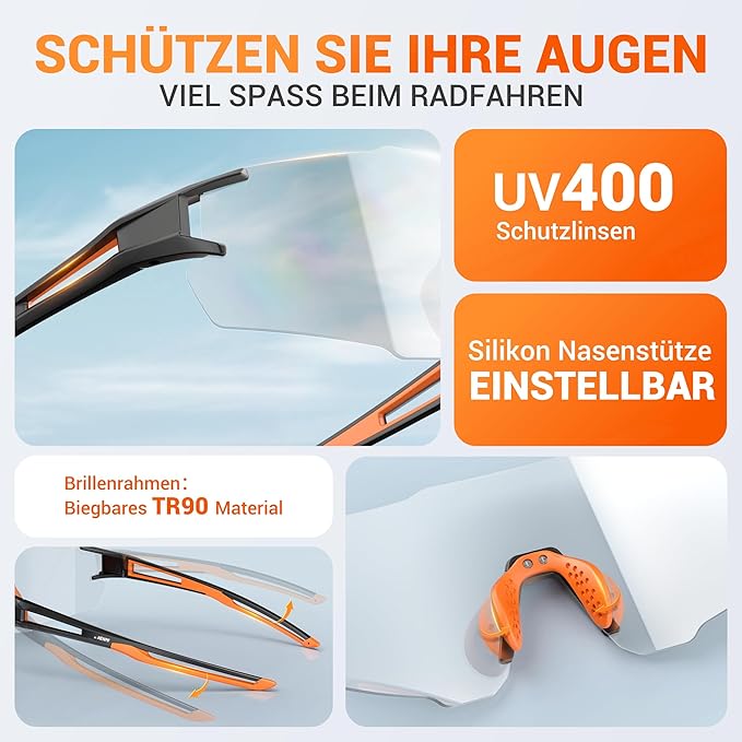 HENMI Fahrradbrille für Herren Damen, UV400 Schutz Sport Sonnenbrille mit TR90 Rahmen Radsportbrillen für Radsport,Laufen,Outdoor-Sport