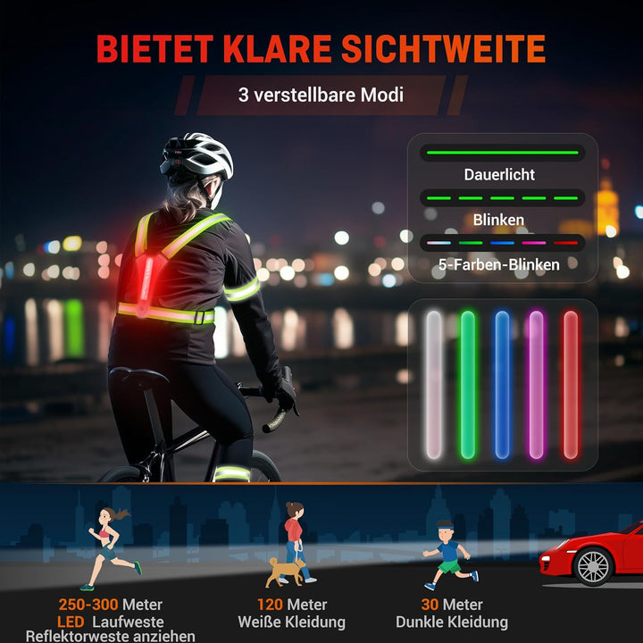 HENMI LED Warnweste mit 2 Reflektorbänder-Grün Fahrrad,Reflektoren Laufweste,Verstellbarer Elastische LED Leuchtweste für Radfahren oder Wandern Joggen Laufen Running