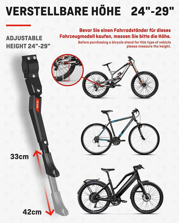 HENMI Fahrradständer 24-29 Zoll, Höhenverstellbar, rutschfest Seitenständer. Stabil Fahrradständer für Mountainbike, E-Bike, Trekkingrad, Cityrad, Pendlerfahrräder.