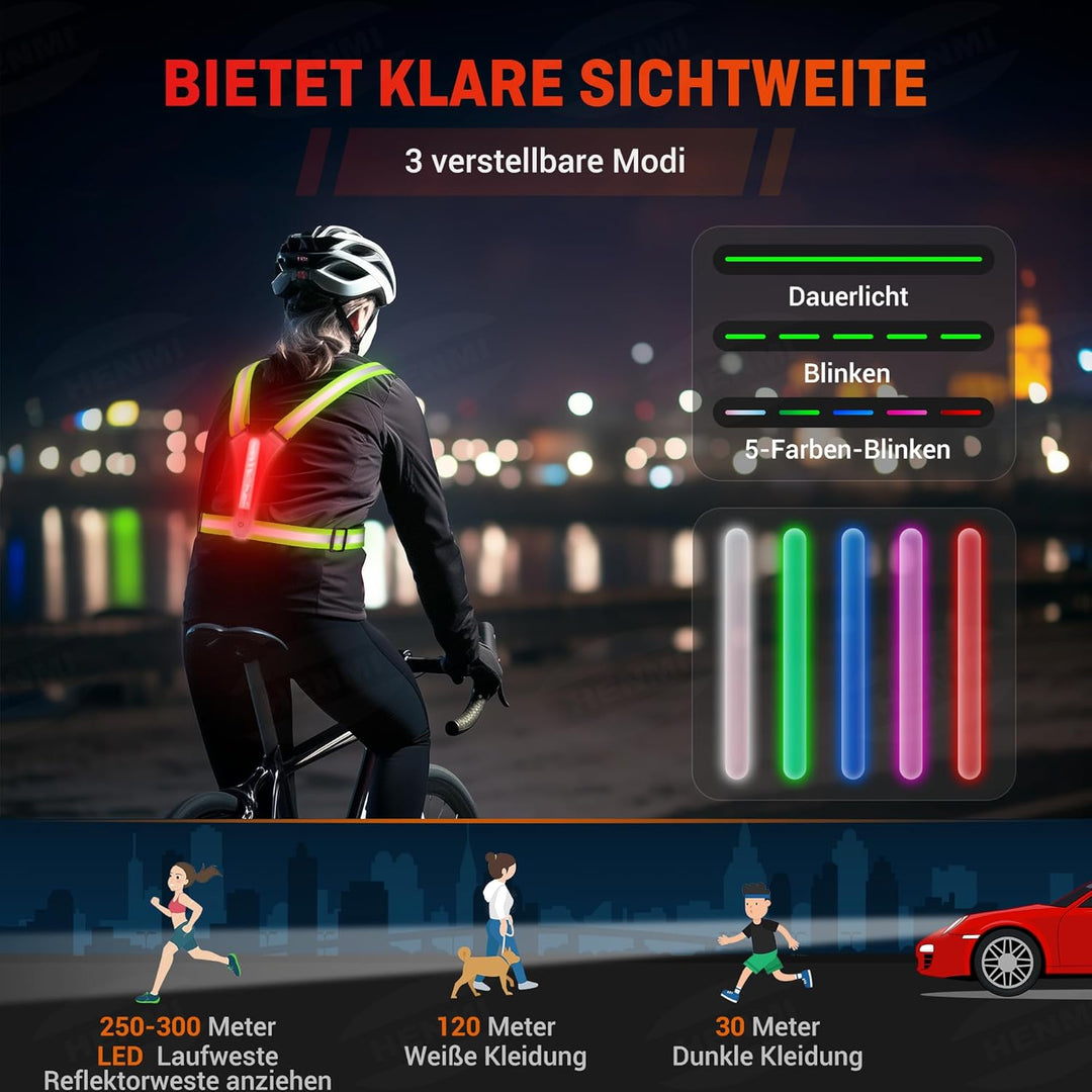 HENMI LED Warnweste Fahrrad Reflektorweste mit Sport Handytasche, USB Aufladbar Reflektoren Laufweste für Damen Herren Radfahren, Wandern, Joggen, Nachtlauf