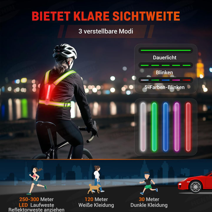 HENMI LED Warnweste Fahrrad Reflektorweste mit Sport Handytasche, USB Aufladbar Reflektoren Laufweste für Damen Herren Radfahren, Wandern, Joggen, Nachtlauf