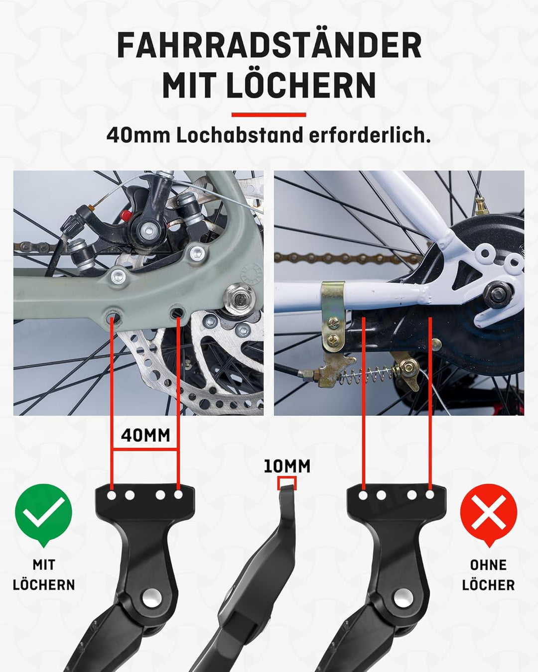 HENMI Fahrradständer 18-24 Zoll Kinderfahrrad Ständer mit Löchern, 40mm Lochabstand M6 Schrauben, Stabil Kinder Seitenständer für Mountainbike, Rennrad