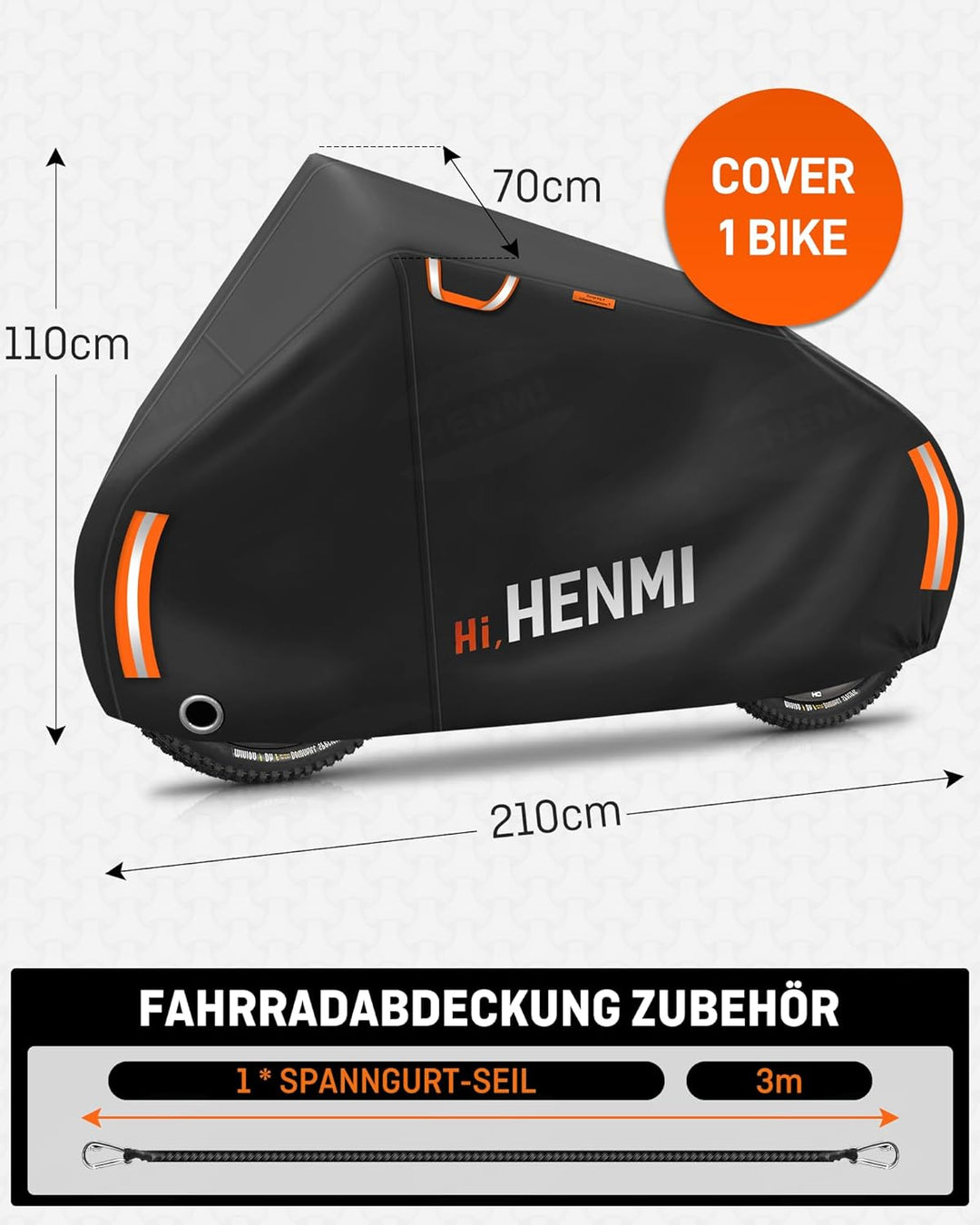 HENMI Fahrradschutzhülle für Heckträger, 420D Oxford-Gewebe Fahrradabdeckung Wasserdicht mit 3m Seil, UV-Schutz, Reißfest Fahrradhülle für Ebike, Fahrrad Transportschutz (210x110x70 cm)
