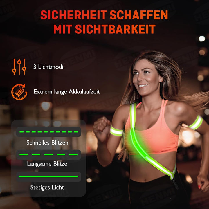 HENMI Lauflicht Joggen mit Reflektoren Gürtel, LED Wiederaufladbare USB Verstellbarer Lauflicht,für Radfahren oder Wandern Joggen Laufen Running Outdoor Sports