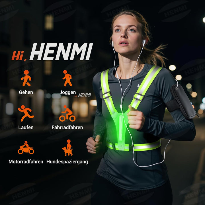 HENMI LED Warnweste Fahrrad Reflektorweste mit Sport Handytasche, USB Aufladbar Reflektoren Laufweste für Damen Herren Radfahren, Wandern, Joggen, Nachtlauf
