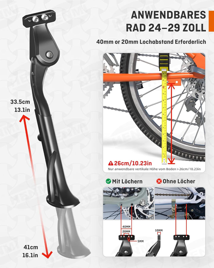 HENMI Fahrradständer 24-29 Zoll Pro+, Fahrradständer mit 4 Löchern, 20mm oder 40mm Lochabstand, M5 Schraube Schraubenöffnung 5mm, Stabil Seitenständer für E-Bike, MTB