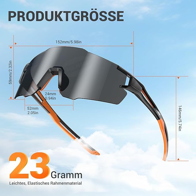 HENMI Fahrradbrille für Herren Damen, UV400 Schutz Sport Sonnenbrille mit TR90 Rahmen Radsportbrillen für Radsport,Laufen,Outdoor-Sport