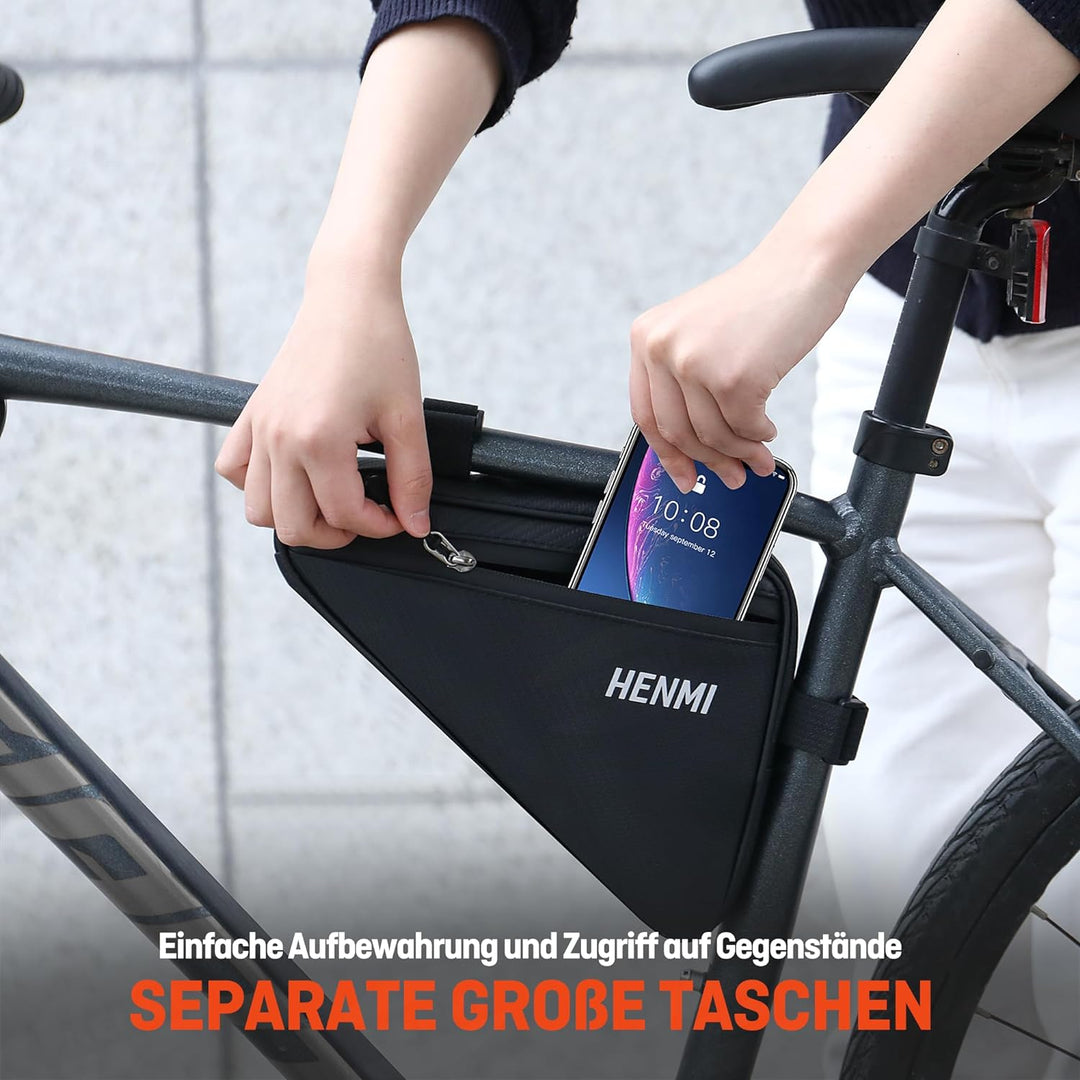 HENMI Fahrradtasche Rahmen, wasserdichte Rahmentasche Dreieckstasche, Fahrrad rahmentasche für Telefon, Schlüssel, Snack, Werkzeug, Verwendung Rennrad Tasche für Stadtrad, Trekkingrad, Rennrad, MTB