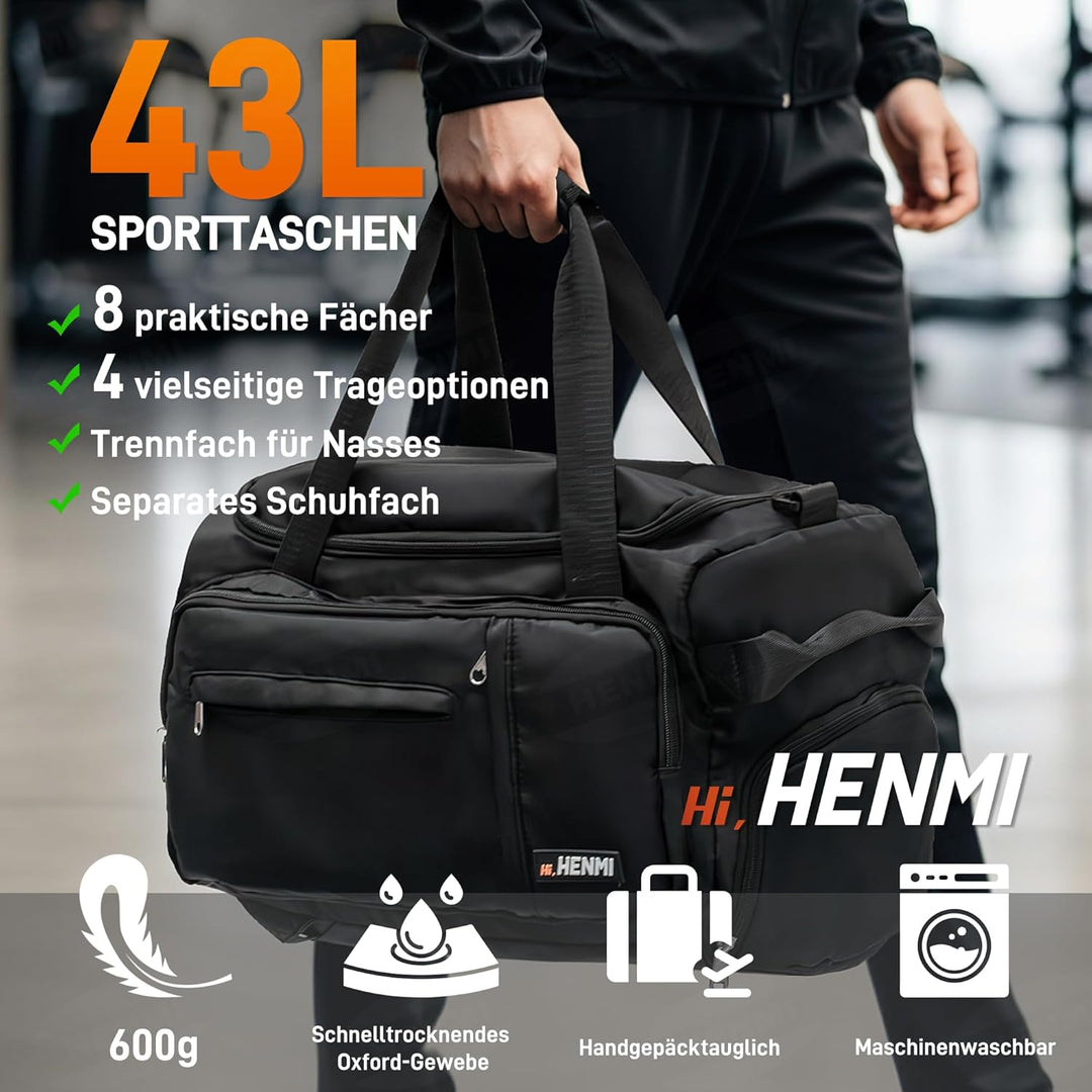 HENMI Sporttasche & Reisetasche für Damen und Herren,43L Groß Handgepäck mit Schuhfach und Nassfach für Sport und Travel Gym Tasche Fitness Rucksack Trainingstasche Faltbare Reisetasche Schwarz