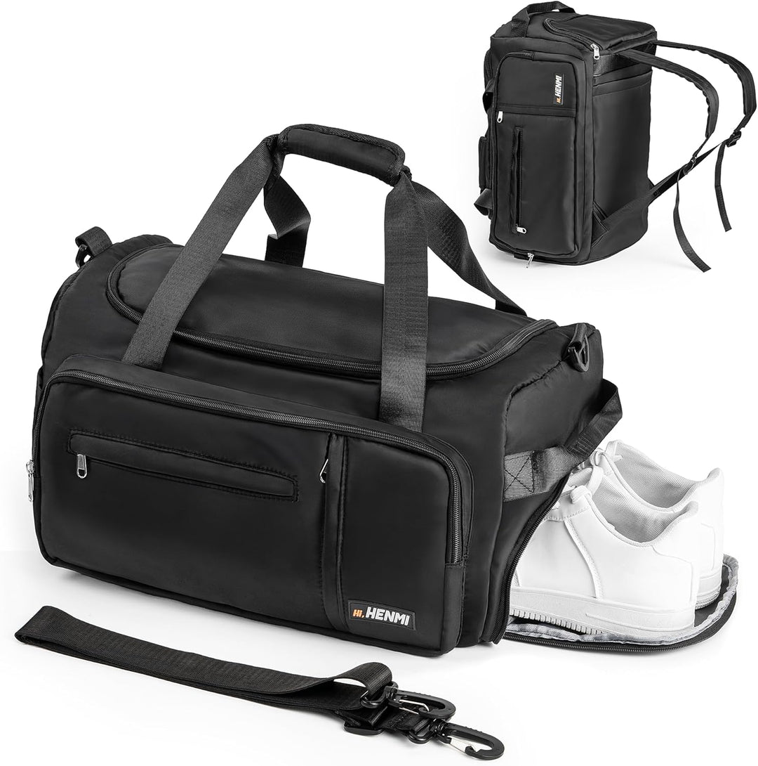 HENMI Sporttasche & Reisetasche für Damen und Herren,43L Groß Handgepäck mit Schuhfach und Nassfach für Sport und Travel Gym Tasche Fitness Rucksack Trainingstasche Faltbare Reisetasche Schwarz