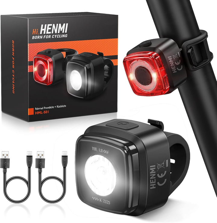 HENMI Fahrrad Lichter Led Set,Stvzo Zugelassen Fahrradlicht Vorne und Rücklicht Fahrrad,Type-C Fahrradbeleuchtung Set,Fahrradlicht USB Aufladbar mit Batterie Aufforderung,IPX5 Wasserdicht