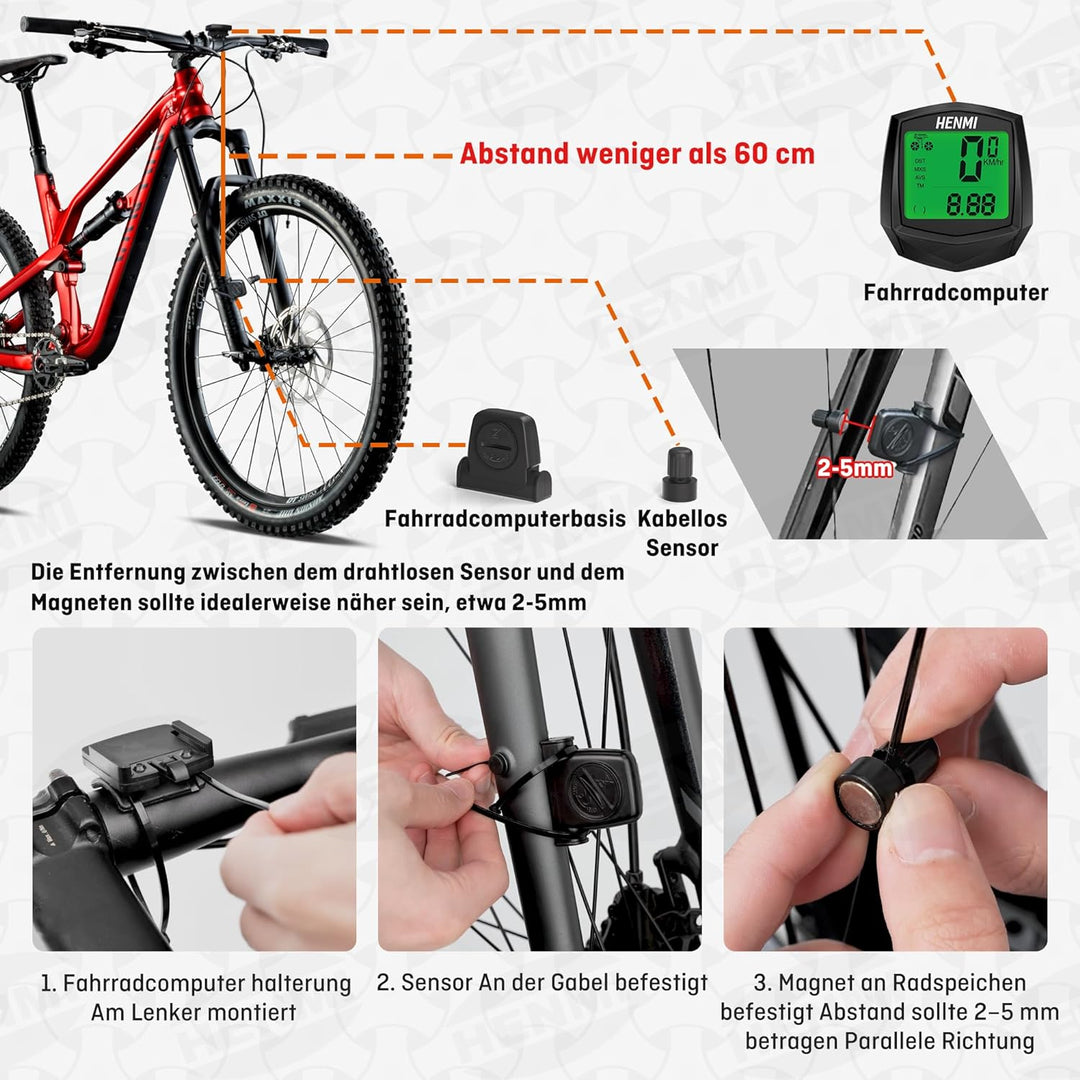 HENMI Fahrradcomputer Kabellos, 24 Funktionen Fahrradtacho Kabellos, IP54 Wasserdicht Fahrrad Kabellos Tachometer Kilometerzähler mit HD LCD Hintergrundbeleuchtung