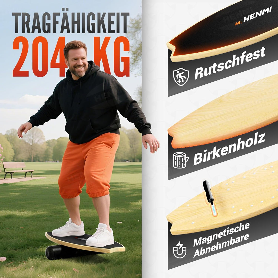 HENMI Balance Board aus Holz - Balancebrett mit rutschfester Oberfläche, Indoor Skateboard Surfin Balance Board für Gleichgewichtstraining, Koordination, Home Fitness