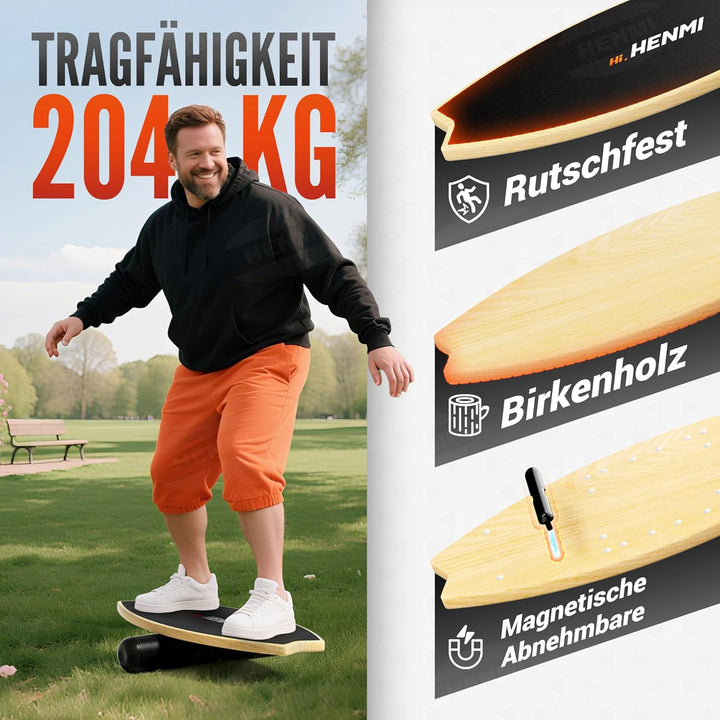 HENMI Balance Board aus Holz - Balancebrett mit rutschfester Oberfläche, Indoor Skateboard Surfin Balance Board für Gleichgewichtstraining, Koordination, Home Fitness