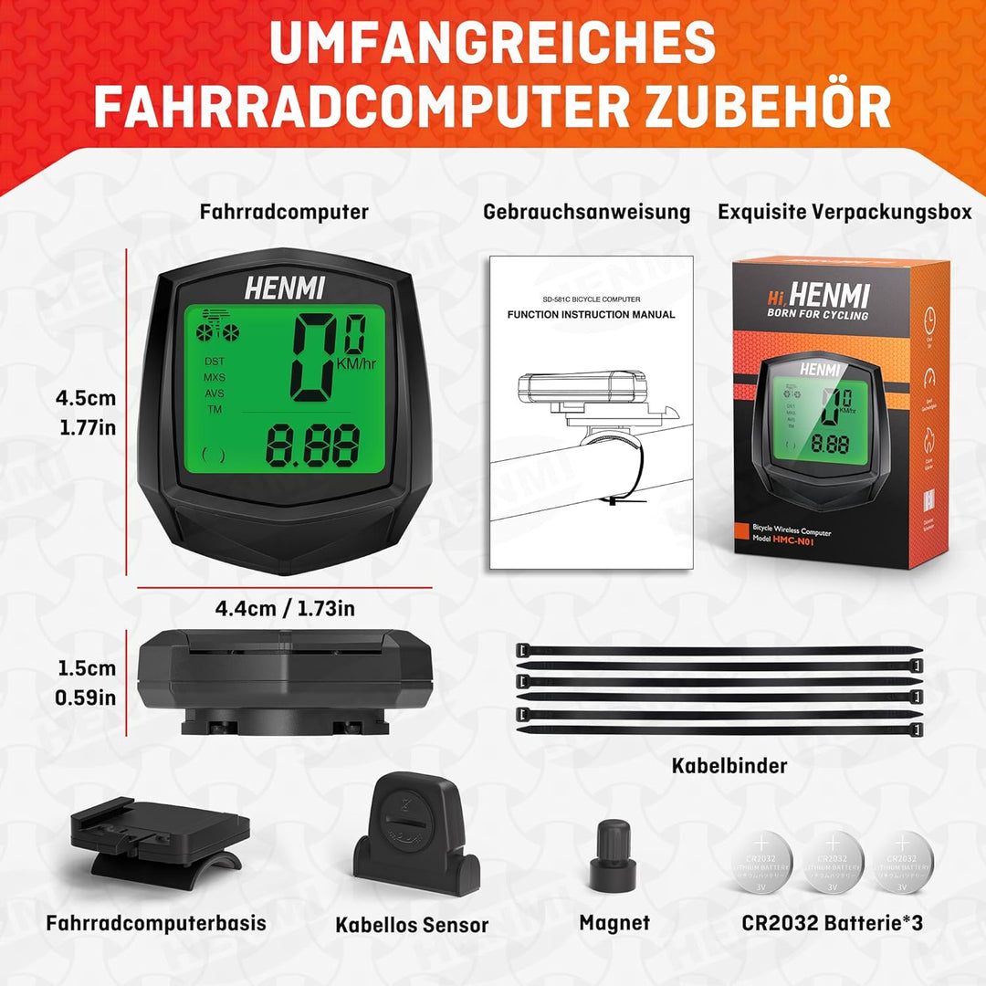 HENMI Fahrradcomputer Kabellos, 24 Funktionen Fahrradtacho Kabellos, IP54 Wasserdicht Fahrrad Kabellos Tachometer Kilometerzähler mit HD LCD Hintergrundbeleuchtung