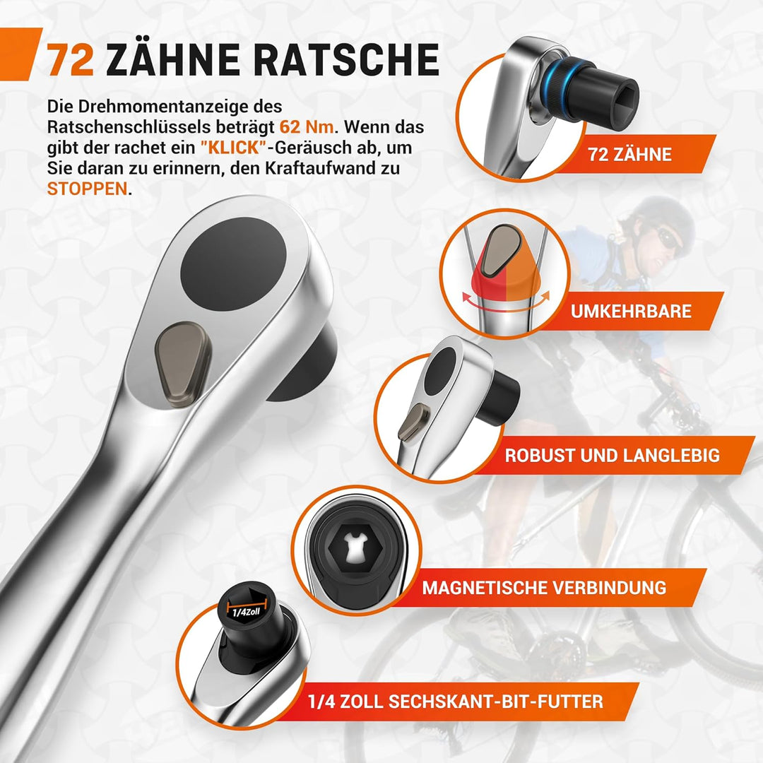 HENMI Klein Fahrrad 1/4" Ratschenschlüssel set,72 Zähne Mini Ratsche,Inklusive 12 Teiliges Schraubwerkzeug Set,1 Verlängerungsstange,2 Reifenheber,Multifunktional Fahrrad werkzeuge,Fahrrad Werkzeugset