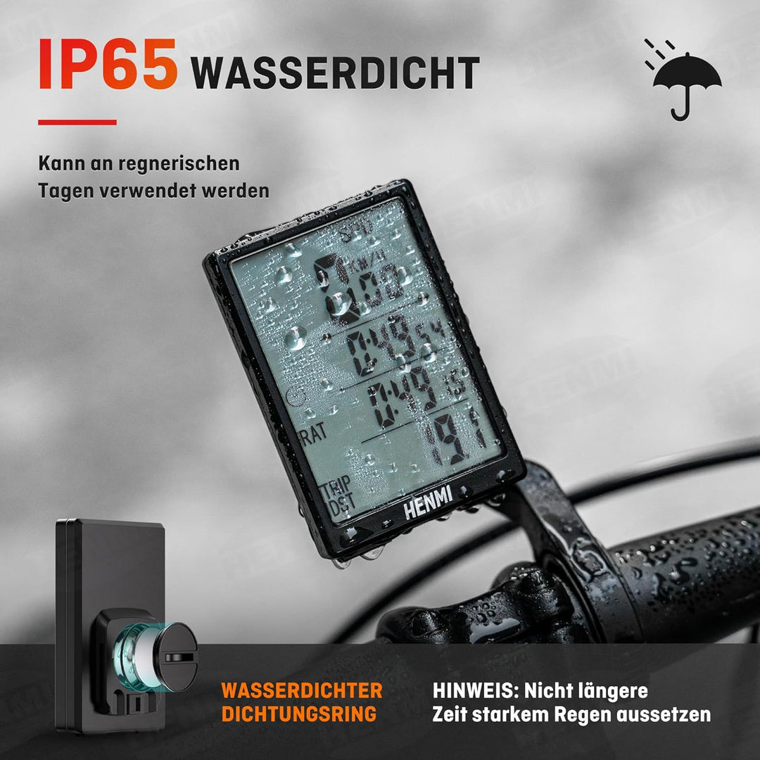 HENMI Fahrradcomputer Kabellos, 3,2 Zoll Multifunktion Fahrradtacho Kabellos Großbildschirm, IP65 Wasserdicht Automatisches Aufwachen Fahrrad Tachometer Kilometerzähler Hintergrundbeleuchtung