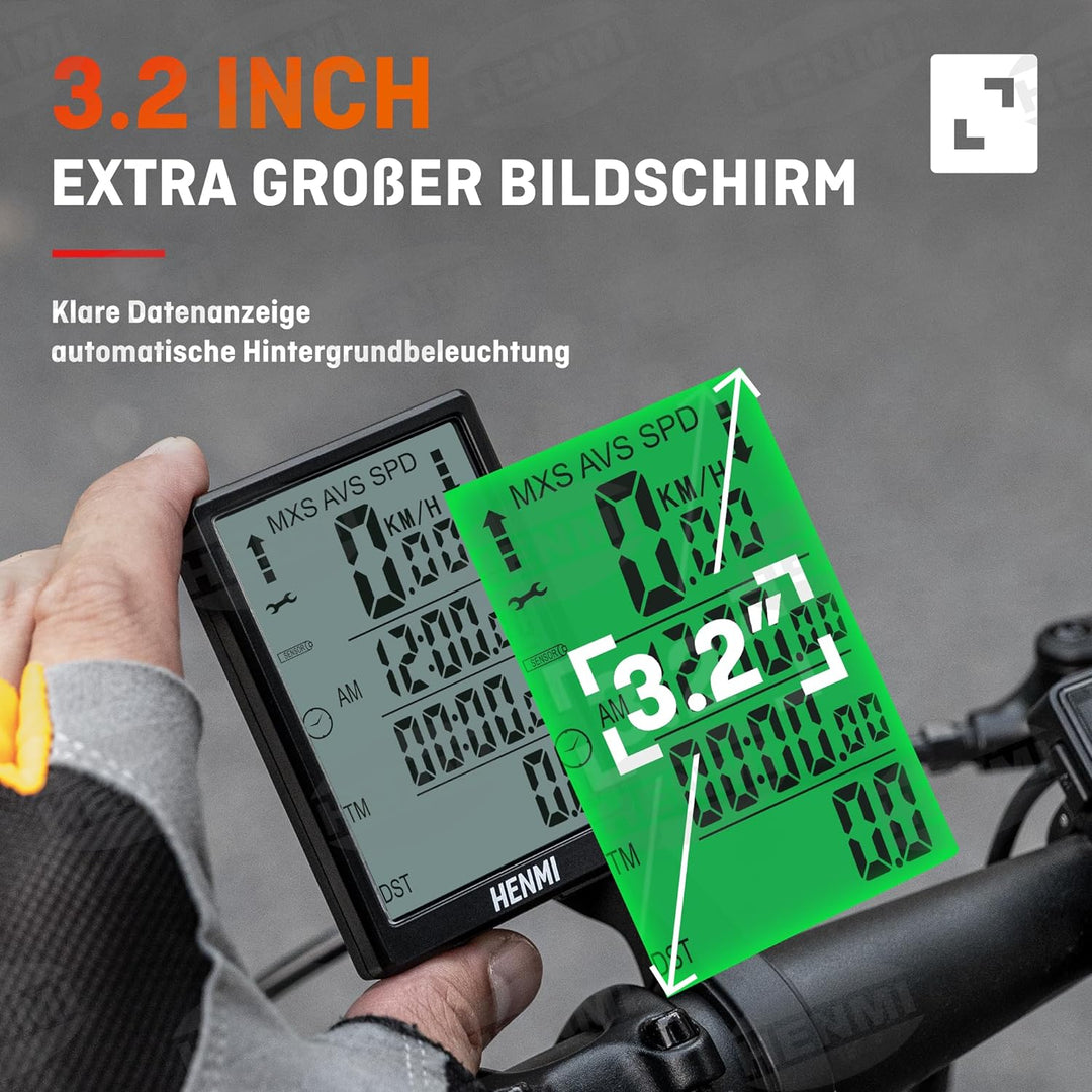 HENMI Fahrradcomputer Kabellos, 3,2 Zoll Multifunktion Fahrradtacho Kabellos Großbildschirm, IP65 Wasserdicht Automatisches Aufwachen Fahrrad Tachometer Kilometerzähler Hintergrundbeleuchtung