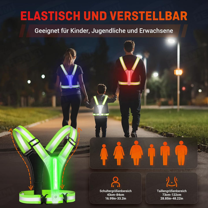 HENMI LED Warnweste Fahrrad,Reflektoren Laufweste,Verstellbarer Elastische LED Leuchtweste für Radfahren oder Wandern Joggen Laufen Running