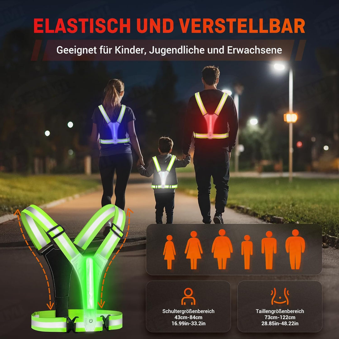 HENMI LED Warnweste Fahrrad Reflektorweste mit Sport Handytasche, USB Aufladbar Reflektoren Laufweste für Damen Herren Radfahren, Wandern, Joggen, Nachtlauf
