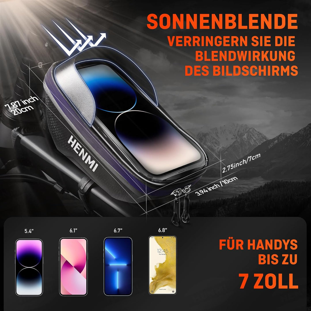 HENMI Fahrrad Handytasche IPX5 Wasserdicht mit TPU Touchscreen Fahrrad Handytasche bis 7 Zoll für MTB, Rennrad, Ebike, Fahrrad Zubehör