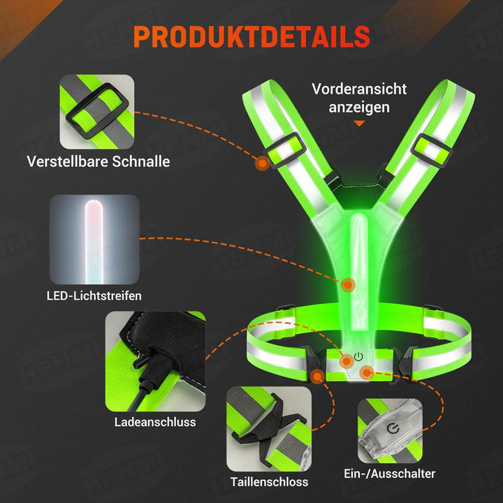 HENMI LED Warnweste Fahrrad,Reflektoren Laufweste,Verstellbarer Elastische LED Leuchtweste für Radfahren oder Wandern Joggen Laufen Running