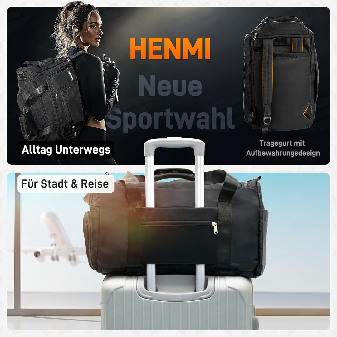 HENMI Sporttasche & Reisetasche für Damen und Herren,43L Groß Handgepäck mit Schuhfach und Nassfach für Sport und Travel Gym Tasche Fitness Rucksack Trainingstasche Faltbare Reisetasche Schwarz
