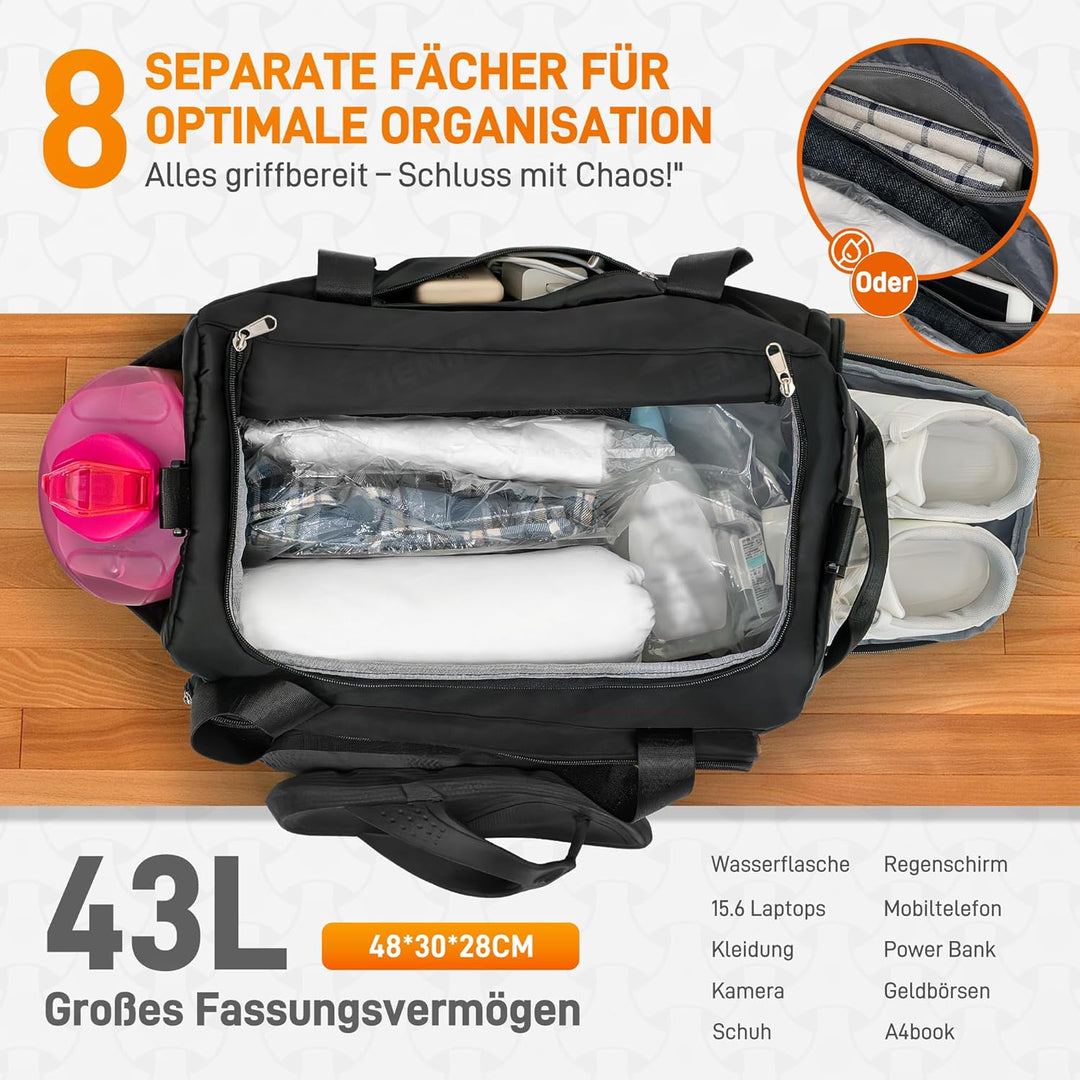 HENMI Sporttasche & Reisetasche für Damen und Herren,43L Groß Handgepäck mit Schuhfach und Nassfach für Sport und Travel Gym Tasche Fitness Rucksack Trainingstasche Faltbare Reisetasche Schwarz