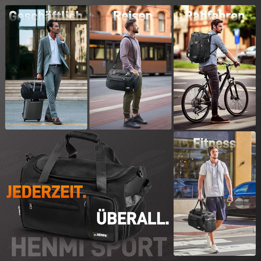 HENMI Sporttasche & Reisetasche für Damen und Herren,43L Groß Handgepäck mit Schuhfach und Nassfach für Sport und Travel Gym Tasche Fitness Rucksack Trainingstasche Faltbare Reisetasche Schwarz