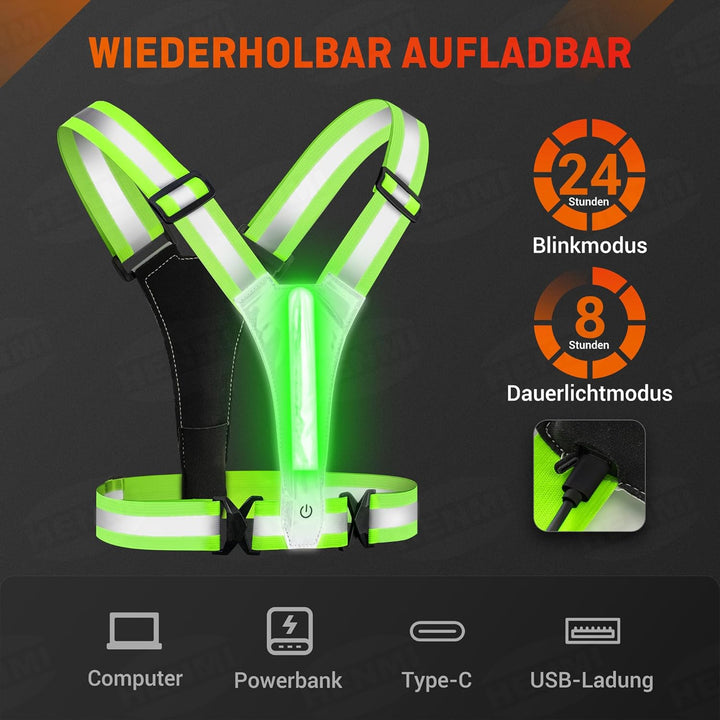 HENMI LED Warnweste Fahrrad,Reflektoren Laufweste,Verstellbarer Elastische LED Leuchtweste für Radfahren oder Wandern Joggen Laufen Running