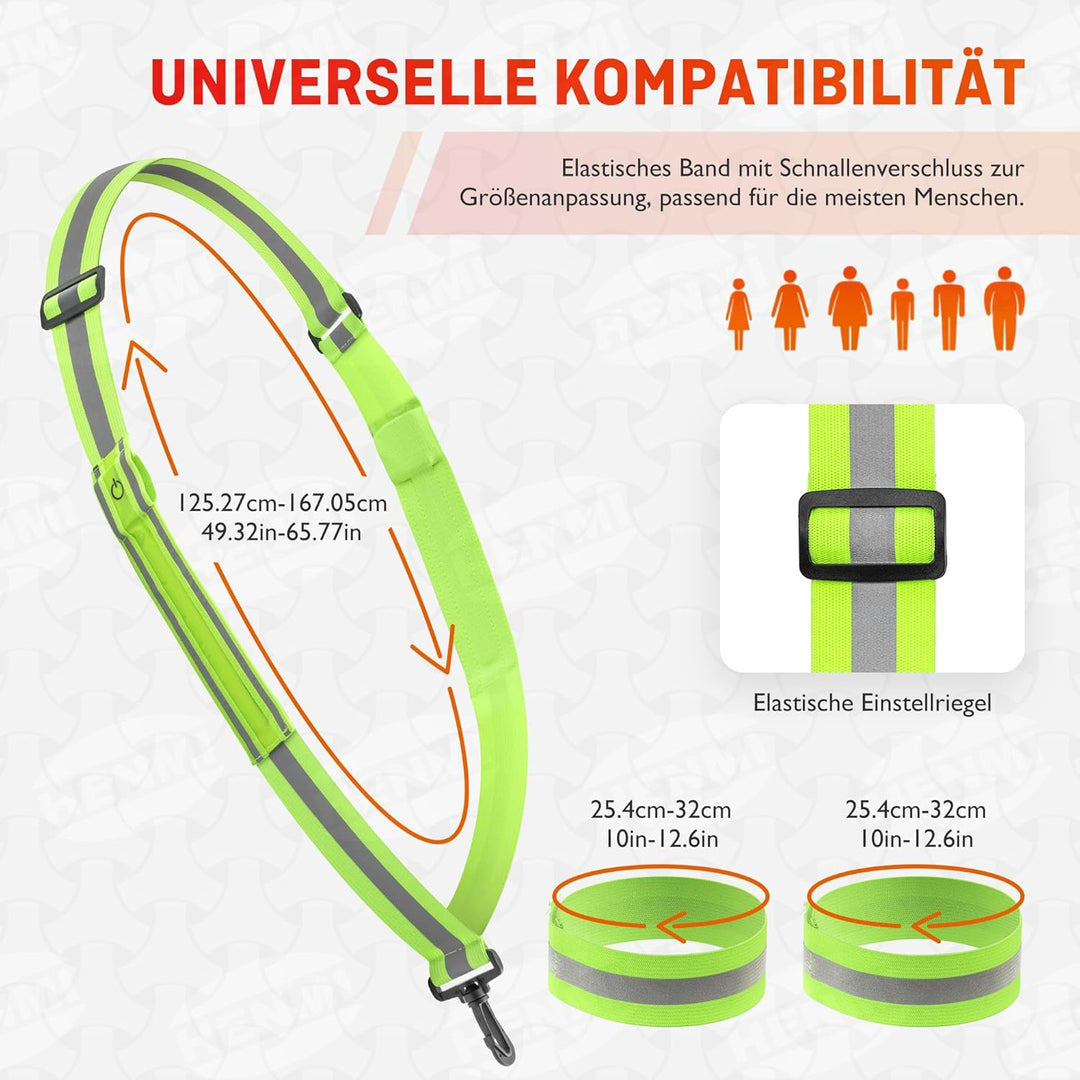 HENMI Lauflicht Joggen mit Reflektoren Gürtel, LED Wiederaufladbare USB Verstellbarer Lauflicht,für Radfahren oder Wandern Joggen Laufen Running Outdoor Sports