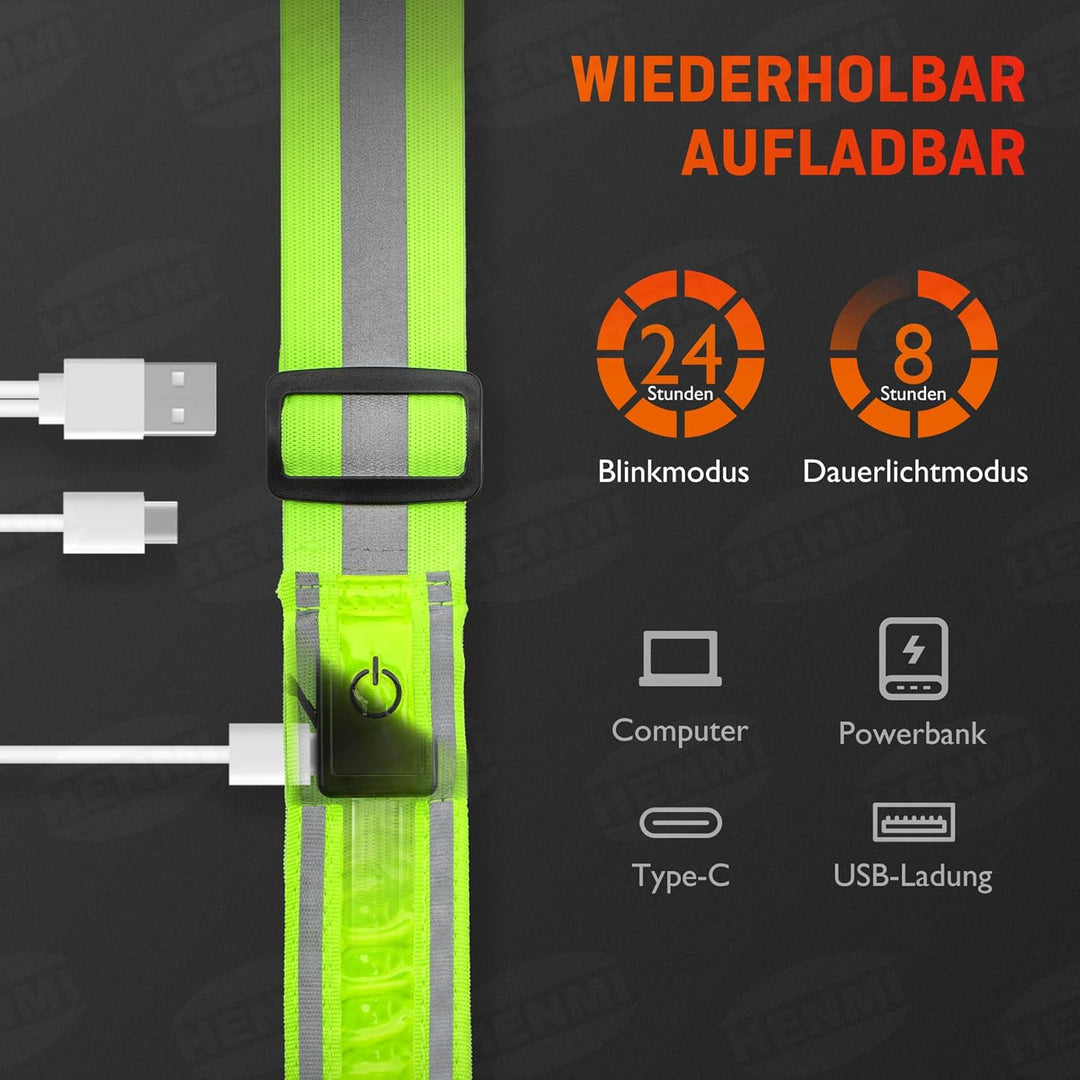 HENMI Lauflicht Joggen mit Reflektoren Gürtel, LED Wiederaufladbare USB Verstellbarer Lauflicht,für Radfahren oder Wandern Joggen Laufen Running Outdoor Sports