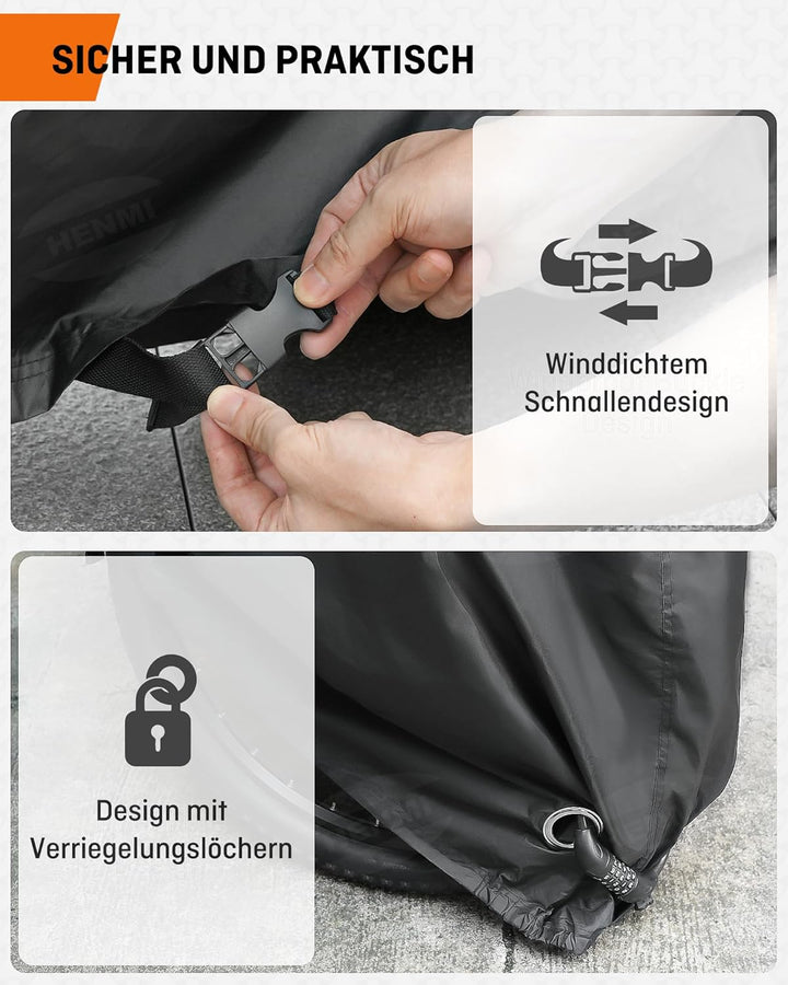 HENMI Fahrradabdeckung Wasserdicht 420D, Fahrradgarage Wetterfest mit Aufbewahrungstasche, UV-Schutz, Reißfest, Schlossösen Fahrradplane für E-bike, Holzpferd, Roller Motorroller (210x110x70 cm)