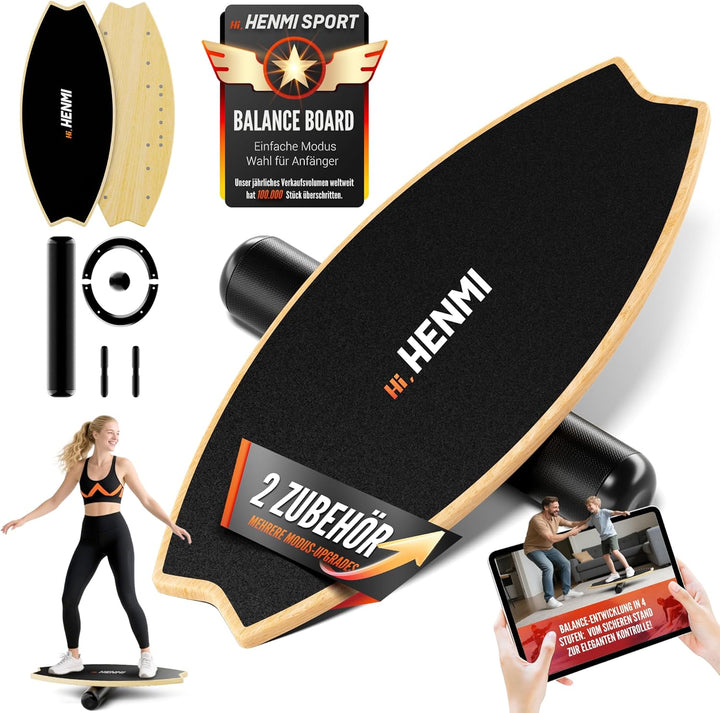 HENMI Balance Board aus Holz - Balancebrett mit rutschfester Oberfläche, Indoor Skateboard Surfin Balance Board für Gleichgewichtstraining, Koordination, Home Fitness