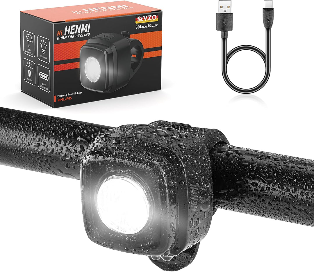 HENMI LED Fahrradlicht vorne, StVZO-zugelassen Fahrradbeleuchtung, USB Aufladbar Fahrrad Frontlicht, IPX5 Wasserdicht Fahrradlampe(mit/ohne Fahrrad Reflektoren)