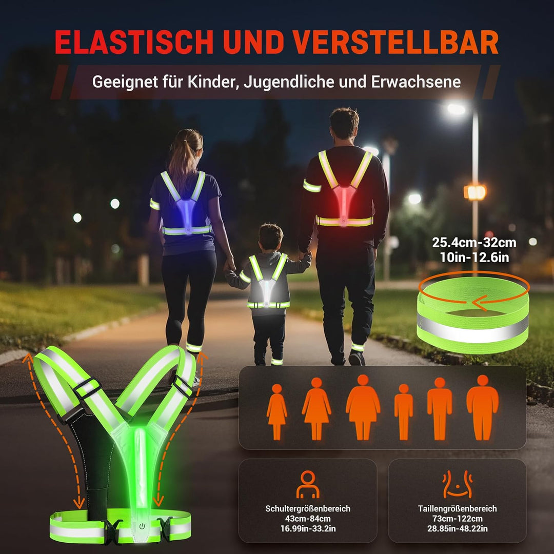 HENMI LED Warnweste mit 2 Reflektorbänder-Grün Fahrrad,Reflektoren Laufweste,Verstellbarer Elastische LED Leuchtweste für Radfahren oder Wandern Joggen Laufen Running