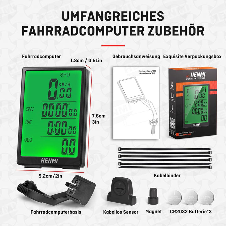 HENMI Fahrradcomputer Kabellos, 3,2 Zoll Multifunktion Fahrradtacho Kabellos Großbildschirm, IP65 Wasserdicht Automatisches Aufwachen Fahrrad Tachometer Kilometerzähler Hintergrundbeleuchtung