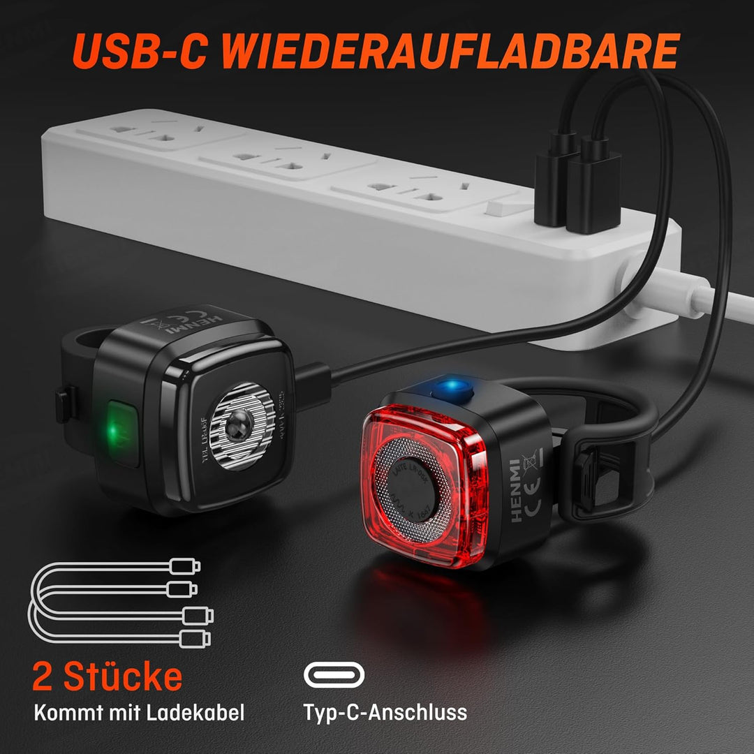 HENMI Fahrrad Lichter Led Set,Stvzo Zugelassen Fahrradlicht Vorne und Rücklicht Fahrrad,Type-C Fahrradbeleuchtung Set,Fahrradlicht USB Aufladbar mit Batterie Aufforderung,IPX5 Wasserdicht