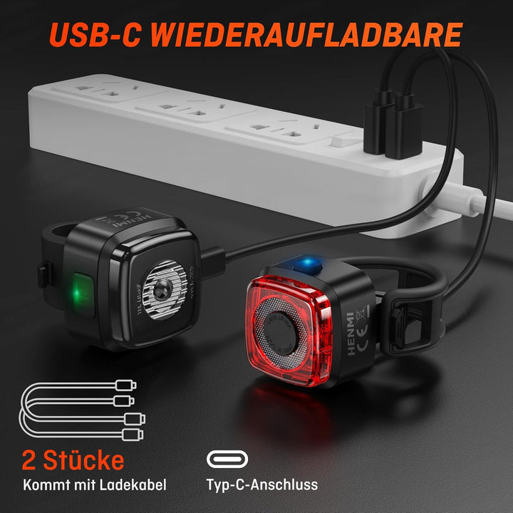 HENMI Fahrrad Lichter Led Set,Stvzo Zugelassen Fahrradlicht Vorne und Rücklicht Fahrrad,Type-C Fahrradbeleuchtung Set,Fahrradlicht USB Aufladbar mit Batterie Aufforderung,IPX5 Wasserdicht