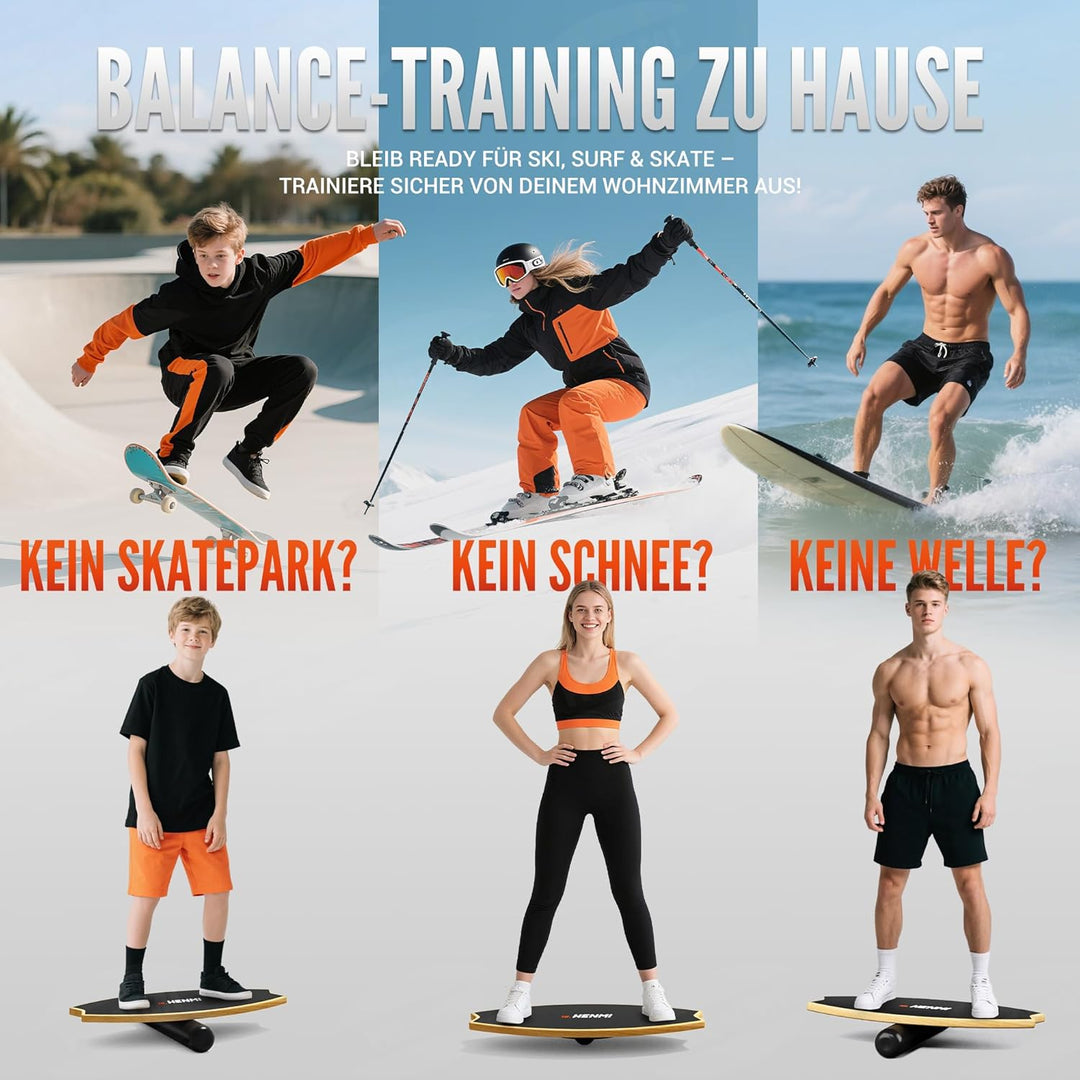 HENMI Balance Board aus Holz - Balancebrett mit rutschfester Oberfläche, Indoor Skateboard Surfin Balance Board für Gleichgewichtstraining, Koordination, Home Fitness