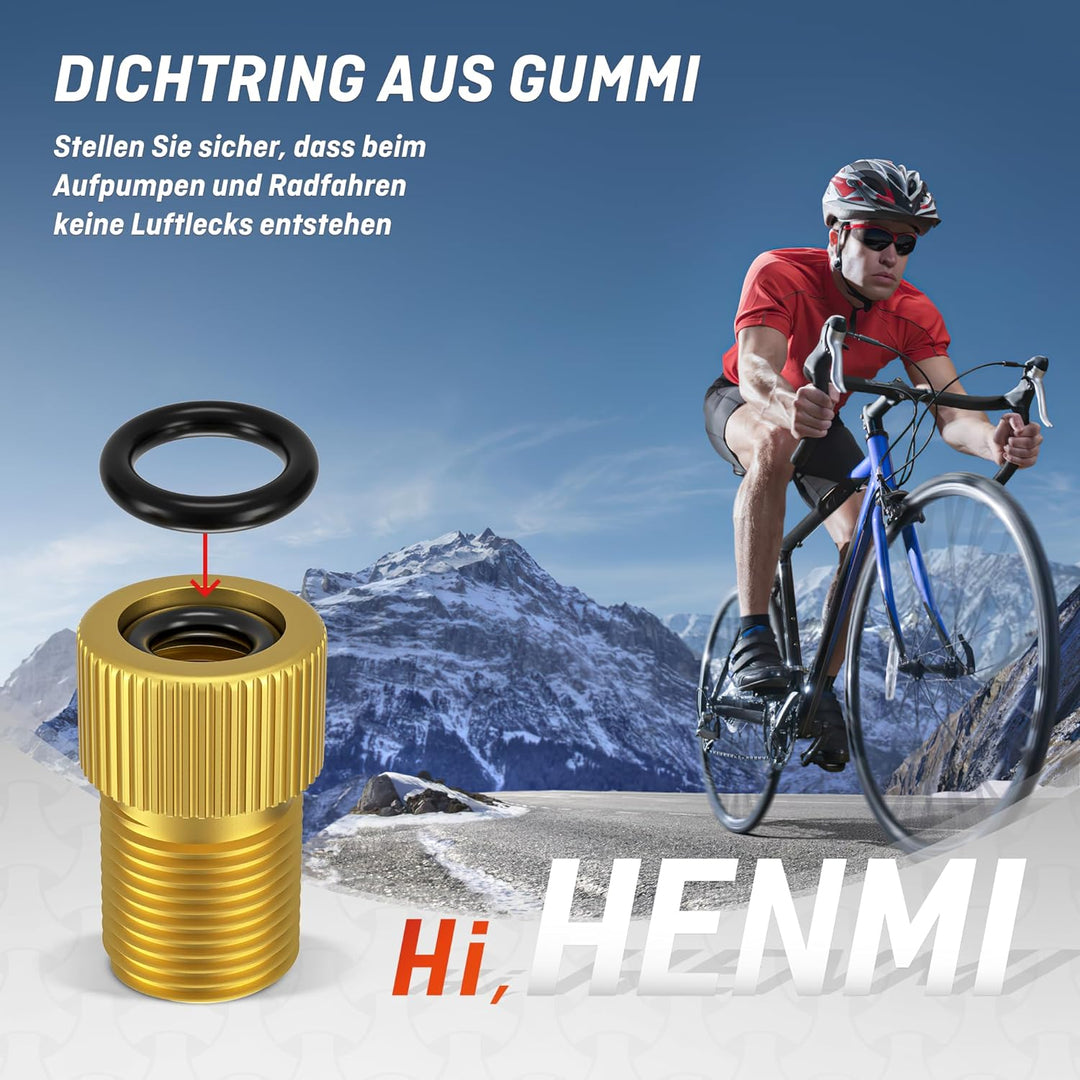 HENMI Fahrradventil Adapter mit Schlüsselanhänger, Französisches Ventil Adapter SV Sclaverand DV Dunlopventil auf Auto AV Autoventil, Adapter Französisches Ventil mit Dichtring